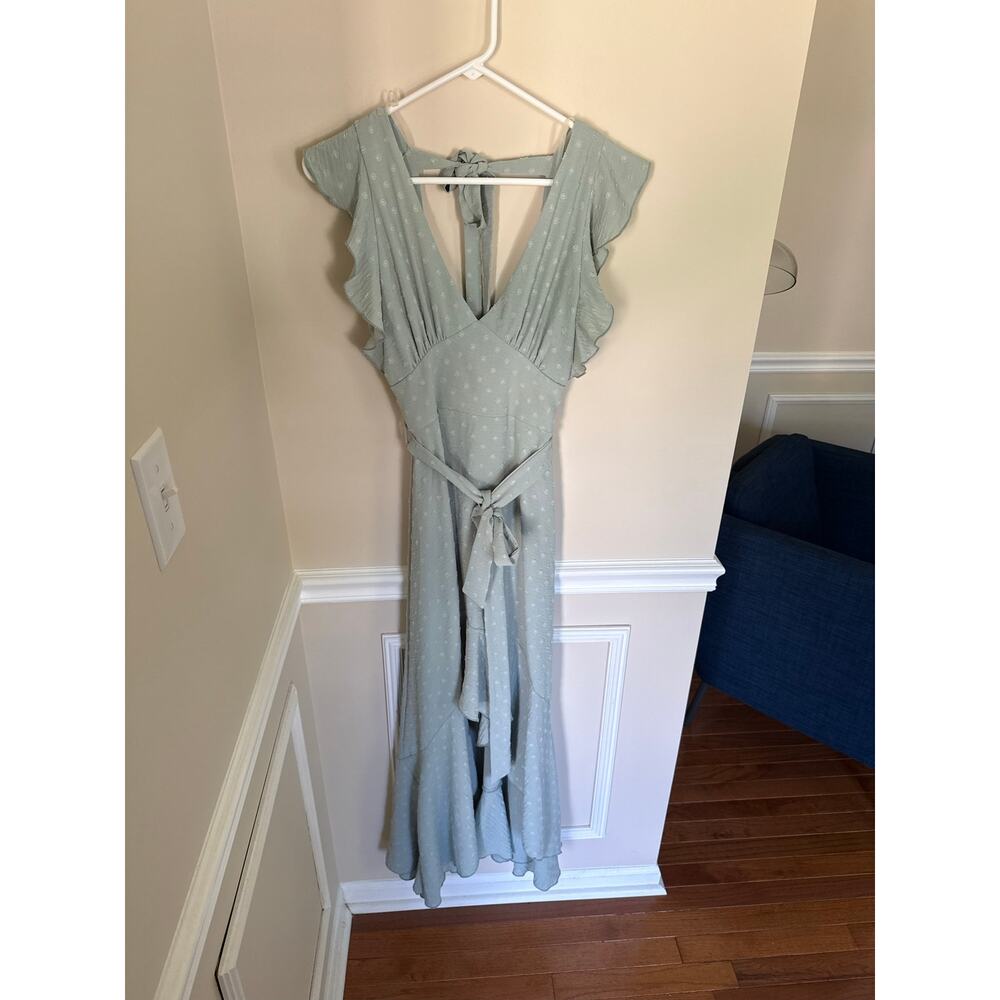 Altar’d State | Sage Green Polka Dot Textured V-Neck Maxi Dress Ruffle Shoulders - Picture 2 of 11